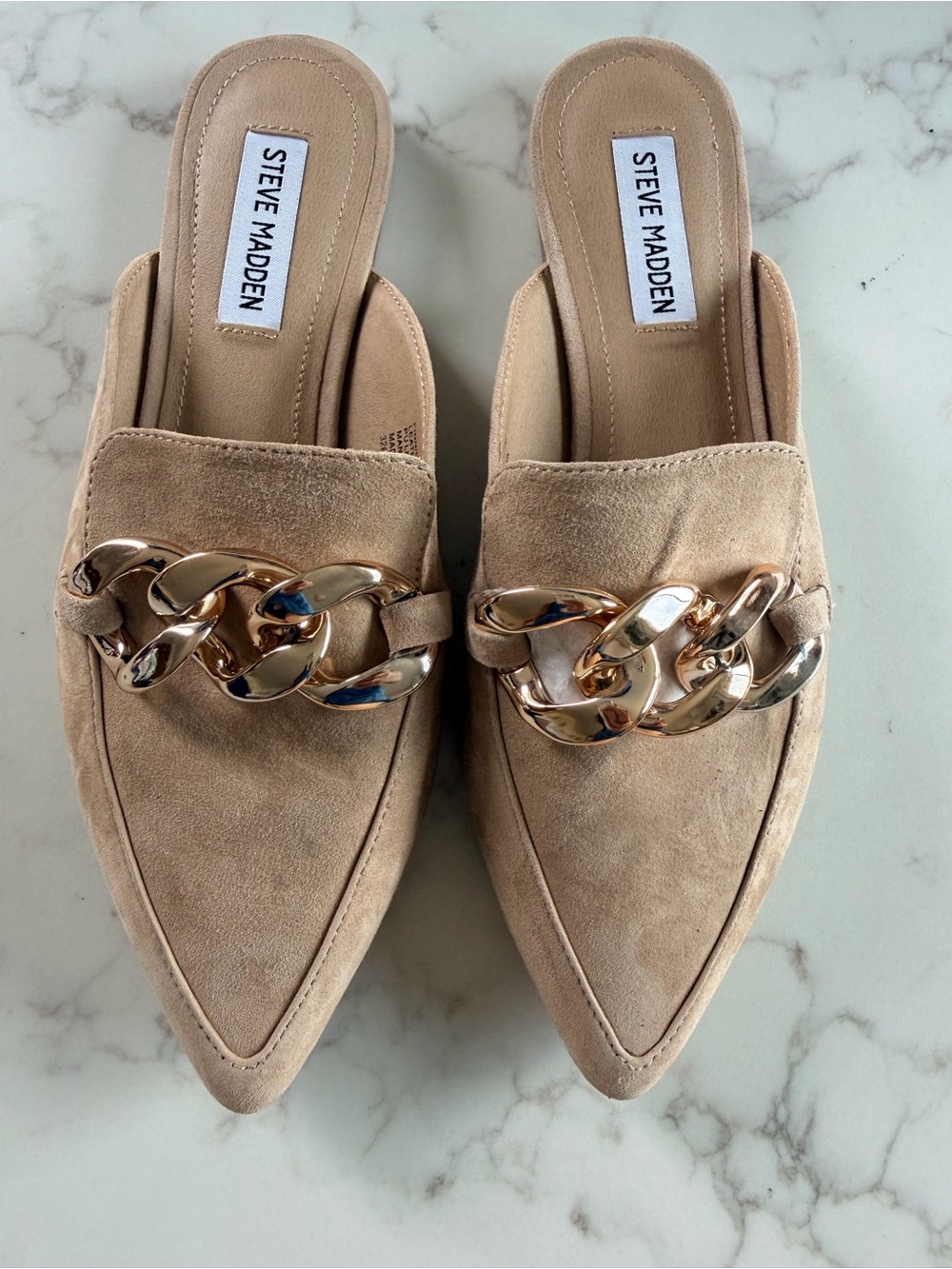Steve Madden Beige Suede Pointed-Toe Mules with Gold Chain